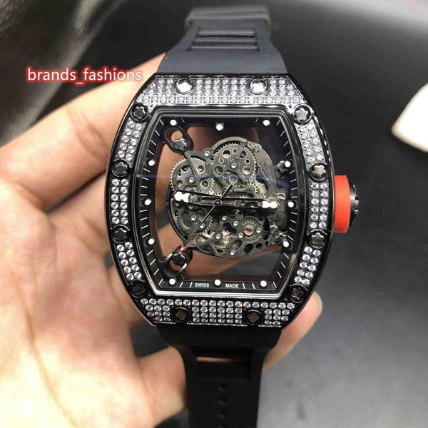 Relógio masculino com diamantes e gelo, relógio com rosto a céu aberto, caixa de diamante, pulseira de borracha preta, relógio de pulso mecânico totalmente automático 318g