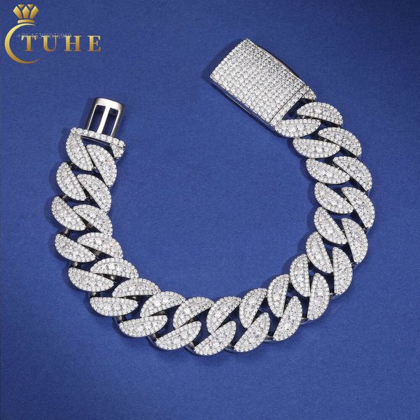 TUHE Jewelry Manufacturer Herren Hip Hop 18 mm Sterling Silber 3 Reihen VVS Moissanit Diamant Iced Out Cuban Link Chain Armband