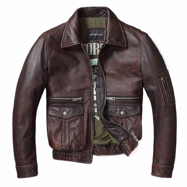 Jaqueta de couro genuíno dos homens novos Vintage Ste Milled Top Layer Cowhide Bomber Jacket A2 Brown Men's Calfskin Motorcycle Jacket P9lJ #