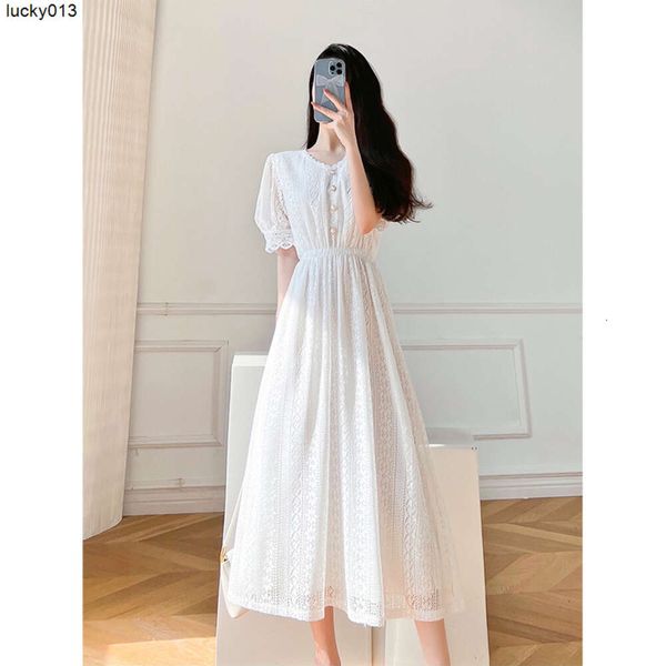 Abito in pizzo bianco Fata estiva stile super foresta Bianco lungo vita francese elegante