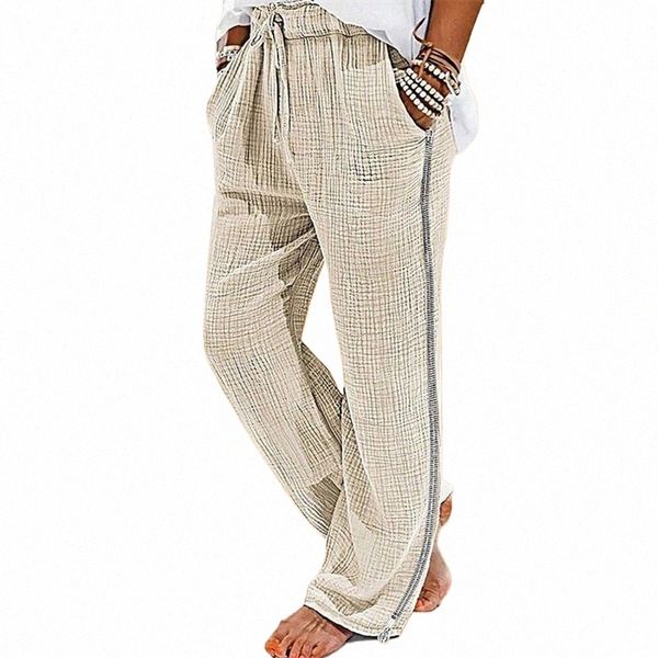 Pantaloni vintage da uomo a pieghe in lino Cott con coulisse Zip laterale Elastico in vita Comfort Pantaloni da spiaggia traspiranti Pantaloni dritti A2ZS #