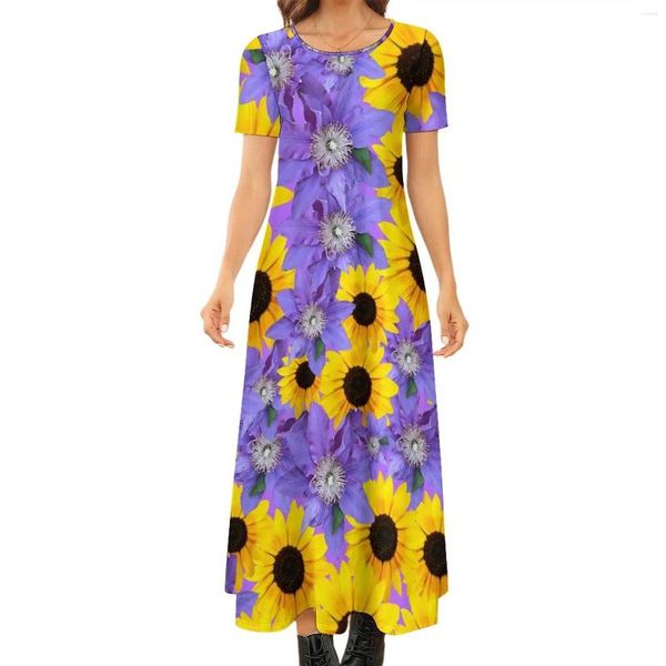 Lässige Kleider Sonnenblumendruckkleid Lila Blumen Strand Maxi Weiblich Kurzarm Street Fashion Boho Lang Große Größe 6XL 7XL