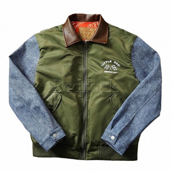 Mbbcar Giacca da aviatore Uomo Verde Risvolto Giacca da pilota corta Twill militare Nyl Imitati Jeans Bomber in pelle artificiale 74gG #