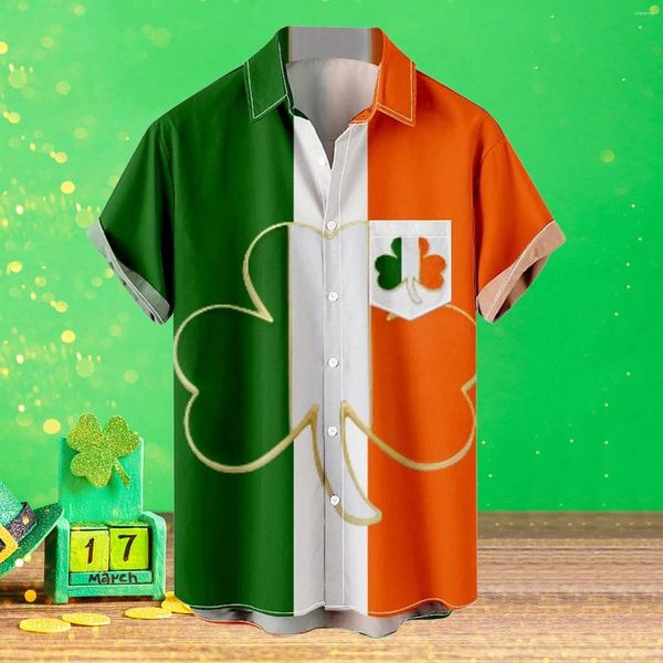 Herren-Freizeithemden Herren-Hemd zum St. Patrick's Day, irische Nationalblusen, Festival-Kleeblatt-bedrucktes Revers, Taschenstreifen-Oberteil, Feier-T-Shirts