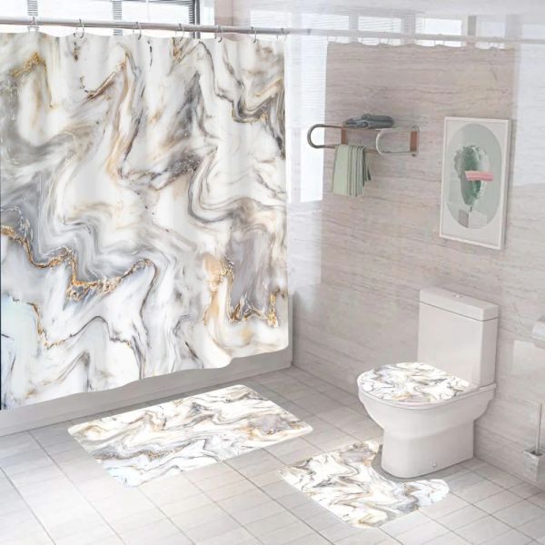 Caixas cortina de chuveiro de mármore branco dourado moderno com tapete antiderrapante cortina de banheiro à prova d' água poliéster decoração de casa 180x180
