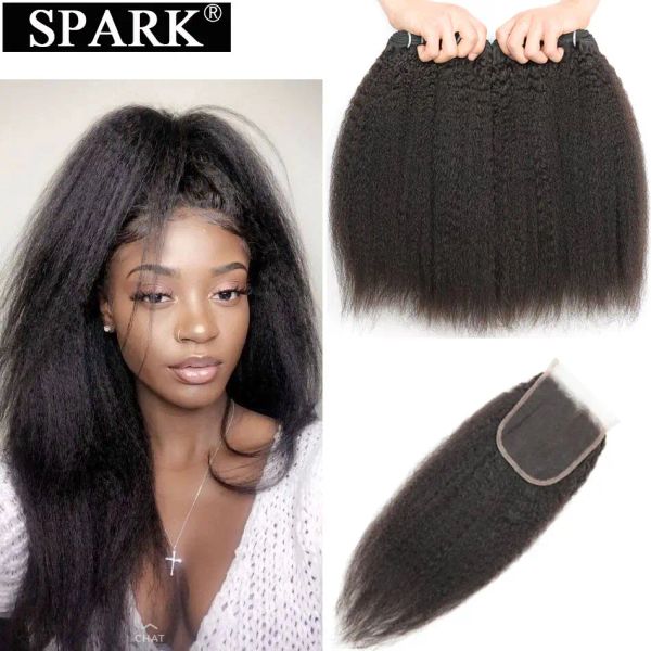 Chiusura Spark Yaki Dritto Fasci di capelli umani al 100% con chiusura Chiusura diritta crespa nera naturale con pacchi per donne nere Remy