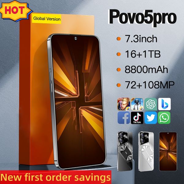 Povo5pro Android Smartphone Touchscreen Farbbildschirm 4G 8 GB 12 GB 16 GB RAM 256 GB 512 GB 1 TB ROM 7,3-Zoll-HD-Bildschirm Schwerkraftsensor unterstützt mehrere Sprachen