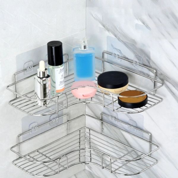 Organização de aço inoxidável prateleira do banheiro auto adesivo organização titular prateleira multiuso shampoo cosméticos condimento canto