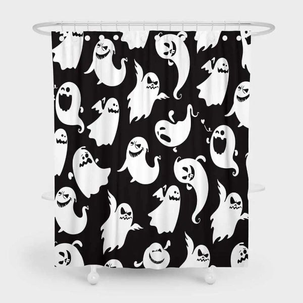 Tende Tende da doccia per bambini Halloween Fantasma spettrale Simpatico cartone animato divertente Fantasmi Icone Tenda da doccia per bagno di casa in tessuto bianco e nero