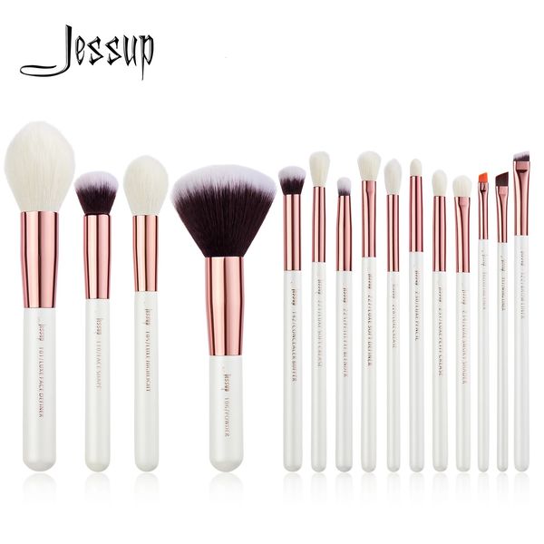 Jessup Set di pennelli per trucco professionale 15 pezzi Pennello per trucco Fondotinta in polvere naturale-sintetico Dettaglio Pennello per occhi Bianco perla T222 240311