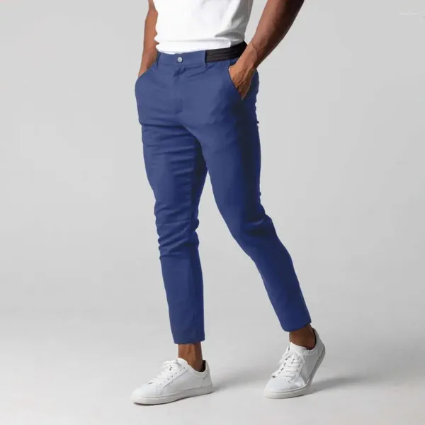 Calças masculinas cor sólida fino ajuste negócios formal com bolsos elásticos na cintura calças compridas para estilo conforto