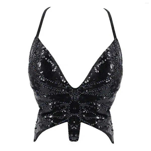 Canottiere da donna Sexy Farfalla con paillettes Crop Top per le donne Senza maniche Club Costume Abiti Festival Abiti con scollo a V Canotta Fasciatura Reggiseno Top