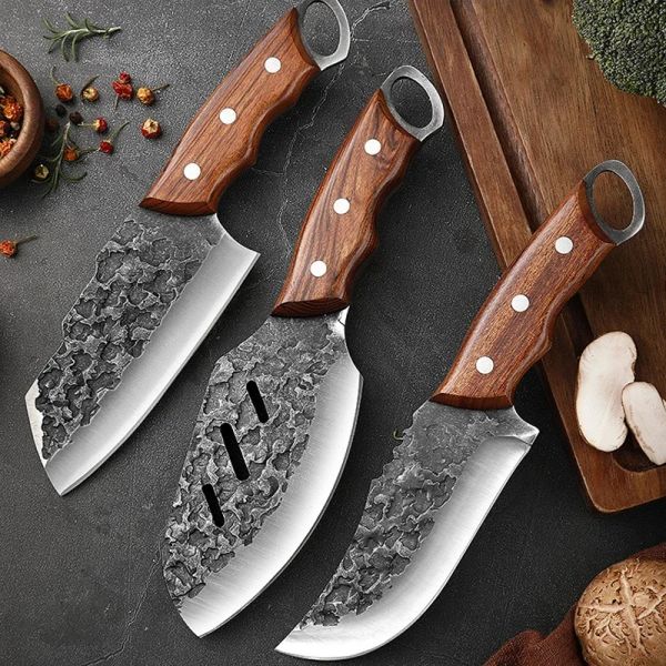 Coltelli Coltello per mannaia forgiato per carne 5Cr15Mov Coltello da macellaio in acciaio inossidabile per disossare Coltello da cucina Coltello da pesca BBQ Frutta Coltello portatile con coperchio