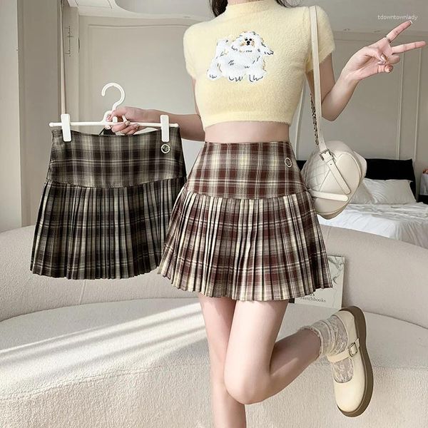 Saias verão saia plissada mulheres coreano vintage xadrez mini menina kawaii cintura alta uniforme escolar a-line curto t948