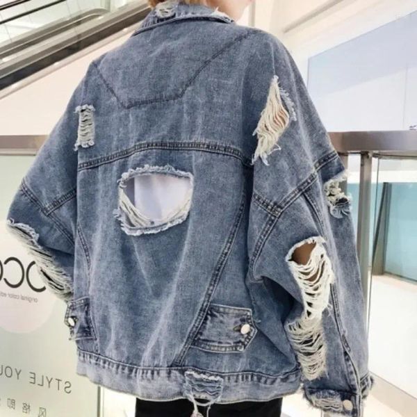 Giacche da uomo Giacca di jeans strappata alla moda Y2K Streetwear invecchiato Hip Hop Jeans con buco rotto Biker Blu LooseOutwear