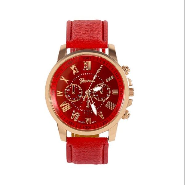 Drei-Subidials rote Uhr Retro Genf Student Uhren Damen Quarz Trend Armbanduhr mit Lederband2379