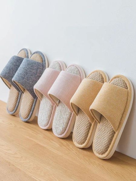Chinelos Casal de Verão Interior Japão Estilo Macio Anti-Slip Mulheres Casa Absorção de Suor Sapatos de Linho