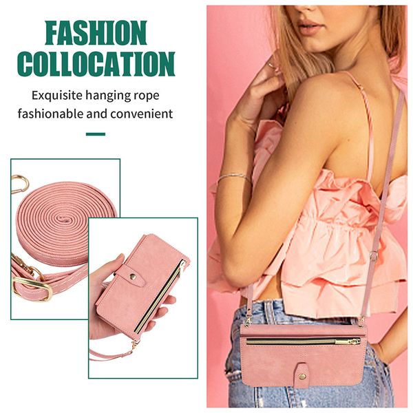 Capa de telefone carteira com zíper crossbody estilo clássico capa de telefone feminina bolsa desigh capa para iPhone 15 14 13 12 11 Pro Max Mini X XS Plus capa de couro com cordão lyp054