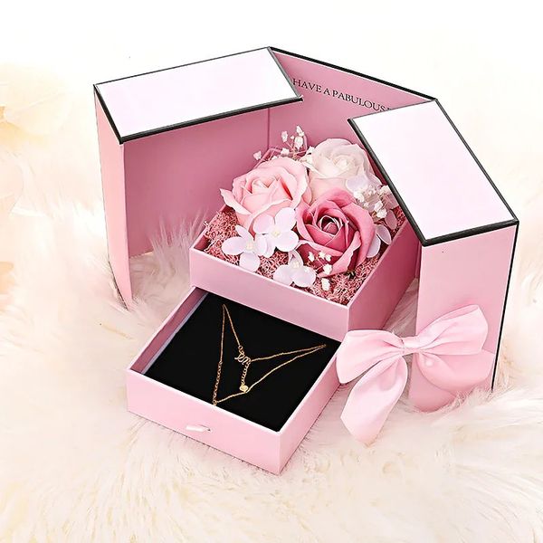 Ewige Seifen-Rosen-Blumen-Geschenkbox mit Schubladen-Design, Halskette, Schmuckverpackung, Doppeltür-Boxen, Hochzeit, Valentinstag, Dekoration 240315