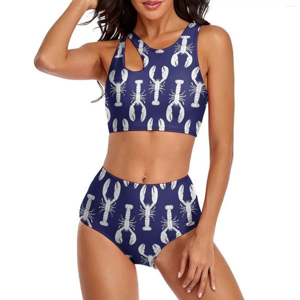 Damen-Bademode, Hummer-Print-Bikini-Set, blau-weißer Push-Up-Badeanzug, sexy, hoch taillierter Badeanzug mit Grafik, süßer Badeanzug