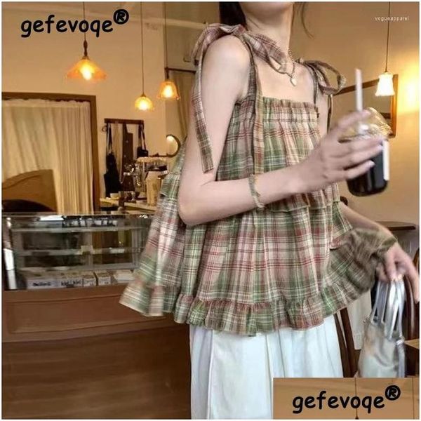 Tanques femininos Camis Mulheres Vintage Plaid Bow Lace Up Tank Tops Tops Summer Fashion Ruffles Kawaii Sweet Vest Y Square Collar Ottl1