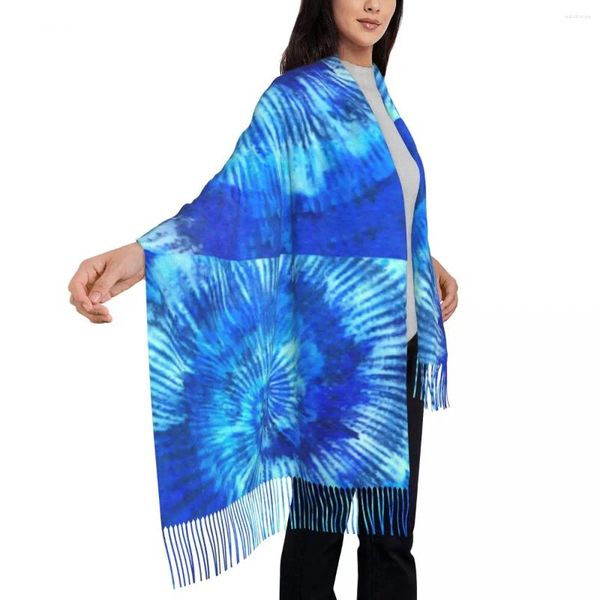 Lenços Mulheres Lenço Manter Quente Hippie Tie Dye Grande com Borla Azul Arte Moderna Retro Xales e Envoltório Inverno Gráfico Foulard