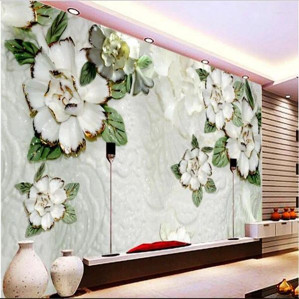 Sfondi Wellyu Murales personalizzati su larga scala Color Carving Magnolia Soggiorno Televisione Sfondo Wall Art Carta da parati in tessuto di vetro