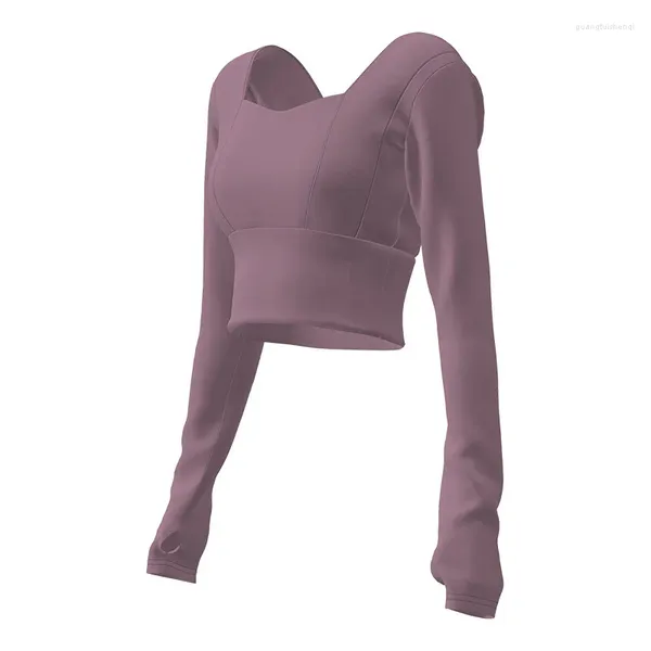 Camicie attive Abbigliamento da yoga Donna a maniche lunghe con pettorali Asciugatura rapida Cordone ombelicale Corto aderente Top sportivo Fitness