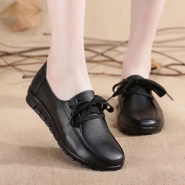 Scarpe casual Ballerine da donna Vera pelle da donna Filo da cucito Cravatta anteriore Tinta unita Comoda scarpa da guida stringata