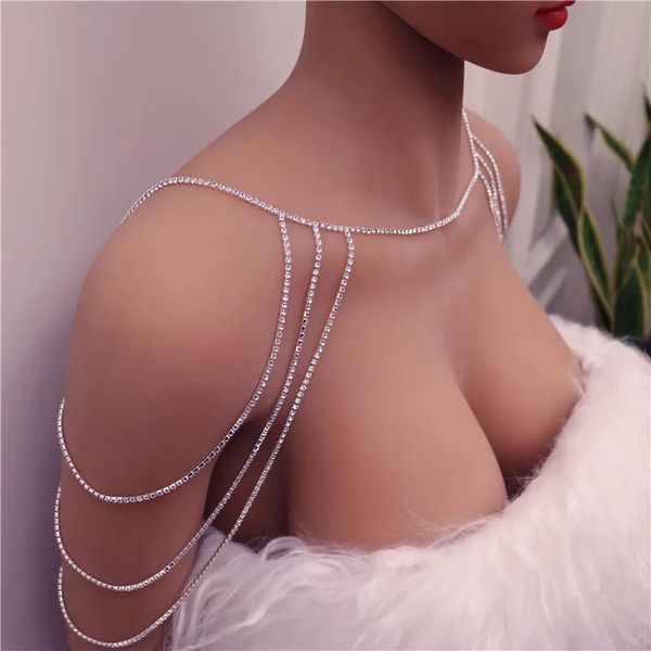 Sexy corpo corrente colar elegante verão cristal cruz superior ombro barriga biquíni jóias acessórios 240311