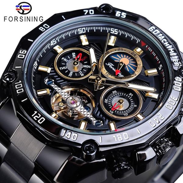 CWP Forsining Classic Black Mens Mechanical Watches Tourbillon Hollow Skeleton Data Auto-vento Fase de aço da fase de aço automático Watc288m