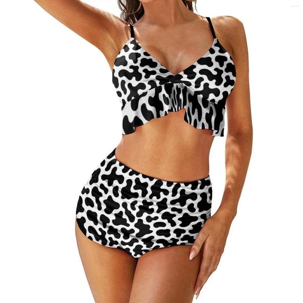 Costume da bagno bikini da donna sexy dalmata maculato Costume da bagno bikini dalmata a vita alta bianco e nero Set push up femminile