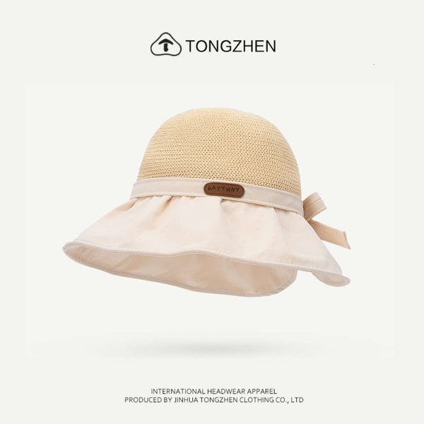 Chapéu de pescador de aba grande com cobertura facial, versão coreana de verão feminino versátil para passeios, proteção, chapéu de sol tecido de grama, estilo fino