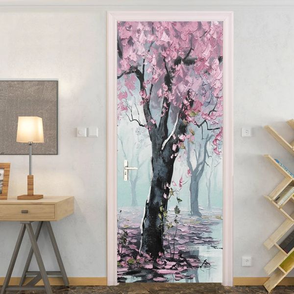 Adesivi stile pittura a olio 3D fiore di ciliegio albero foto adesivo murale per porta camera da letto soggiorno carta da parati autoadesiva in PVC impermeabile