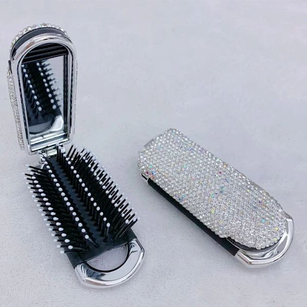 Specchi Bling Pettine portatile con specchio pieghevole Strass Cuscino d'aria Pettine Specchio Cosmetico Spazzola per capelli Tasca diamantata Strumento per il trucco da viaggio