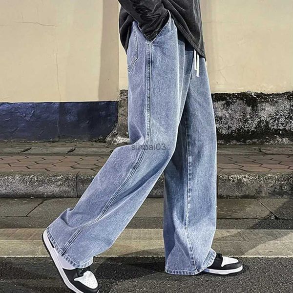 Jeans da uomo moda coreana jeans da viaggio da uomo elastico in vita classico oliva gamba dritta denim pantaloni a gamba larga da uomo azzurro grigioL2403