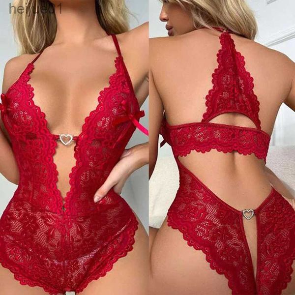 Sexy Set Neue Crotch Free Red Sexy Unterwäsche Damen Spitze Hohl Enge Kleidung Erotische Kleidung Teddy Baby Doll Kleid Tiefer V Offener BH Pornografische Unterwäsche C24325