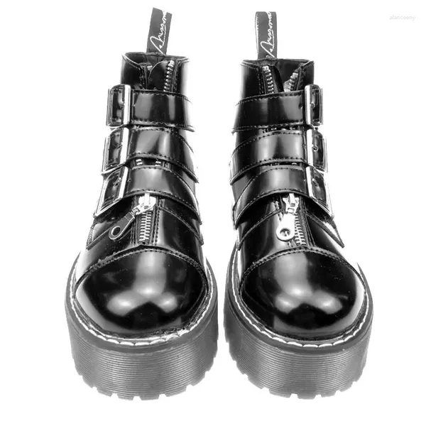 Scarpe casual da donna Stivaletti da moto con piattaforma rock gotico da donna retrò con fibbia multipla e zip punk nero