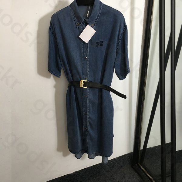 Sexy bordado denim vestido feminino cinto com fivela de ouro manga curta denim camisa vestido casual saia jeans