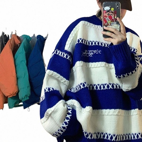 Houzhou Лоскутный полосатый мужской вязаный свитер Синие пуловеры Панк Черные свитера Мужской оверсайз Корейская уличная одежда Хип-хоп 840N #
