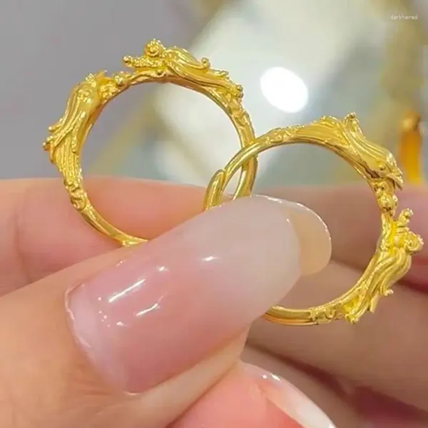 Cluster-Ringe Echte reine Goldfarbe Drachen-Phoenix-Ring für Frauen Männer Einstellbare Schmuck Geschenke Nicht verblassen Zubehör