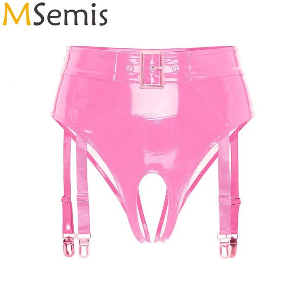 Cuecas femininas sexy de couro patenteado com clipes de liga, cintura alta, virilha aberta, lingerie, calcinha, roupa de balada 240311