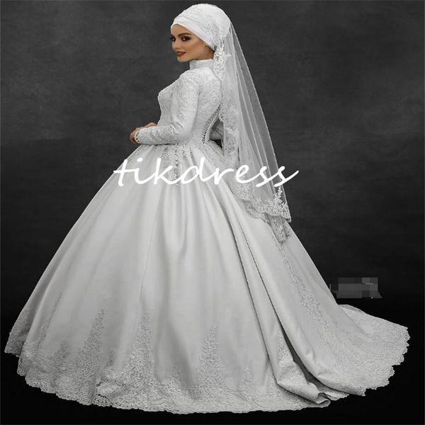 Elegante muçulmano vestidos de casamento 2024 apliques renda manga longa vestido de noiva espartilho vestido de baile jardim país vestido de noiva islâmico muçulmano vestido de novias árabe