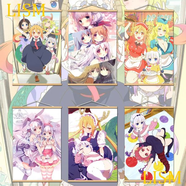 Calligrafia Dragon Maid di Miss Kobayashi Tooru Kanna Fafnir Lucoa Anime Poster Manga Home Decor Canvas Poster in legno massello appeso a scorrimento