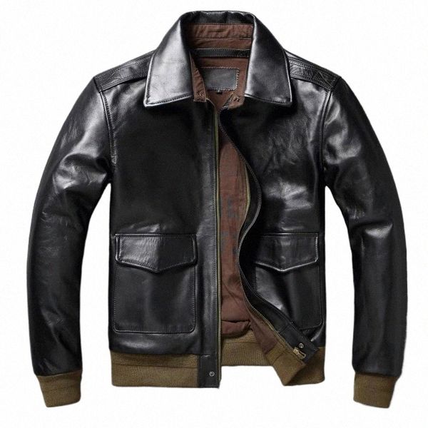 Giacca bomber da uomo a2 Tea Core in pelle di cavallo Giacca da moto ritagliata Giacca in pelle naturale Cappotto allentato Giacca in pelle da uomo militare b5pP #