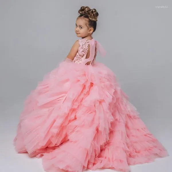 Mädchenkleider Wunderschönes rosafarbenes Mädchen-Spitze-Tüll-Prinzessin-exklusives Festzug-Kleid-Abschlussball-Kleid-Blume für Hochzeit-Kind-Größe 1-14T