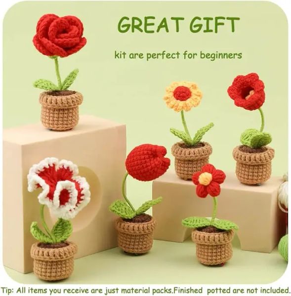 Tricô miusie não terminou 3/6 pcs kit de crochê para iniciantes kit de flores para iniciantes para decoração de decoração de desktop conjunto de tricô de crochê