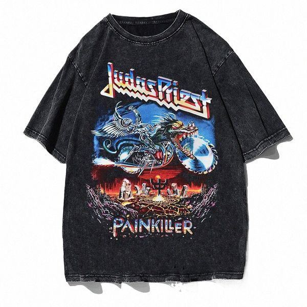 T-shirt da uomo in metallo Punk Band Judas Priest Painkiller Manica corta Streetwear Harajuku Casual Plus Size Cott Top Y2k Abbigliamento G7nW #