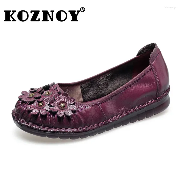 Sapatos casuais koznoy 3cm 2024 étnico retro flor de couro genuíno verão mulheres lazer apartamentos mocassins plus size macio mokasines preguiçoso confortável