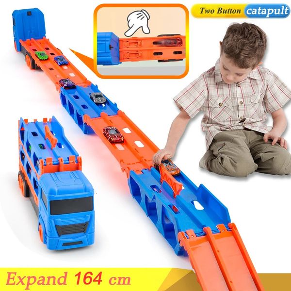 Camion pieghevole espulsione giocattolo auto contenitore trasportatore rimorchio doppio binario da corsa per bambini regalo modello in lega 240313